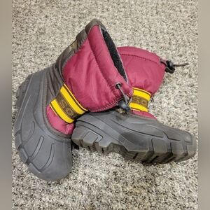 Kids Sorel Burgundy/Brown/Yellow Single Strap Toggle Insulated Snow Boots